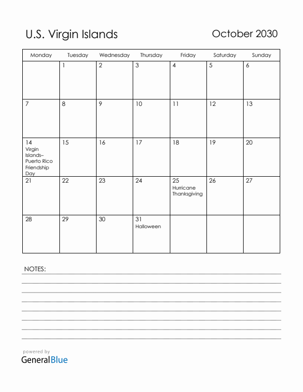 October 2030 U.S. Virgin Islands Calendar with Holidays (Monday Start)