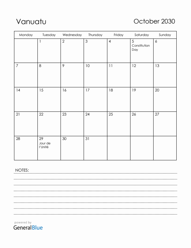 October 2030 Vanuatu Calendar with Holidays (Monday Start)