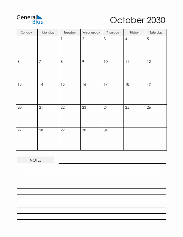Printable Calendar with Notes - October 2030 