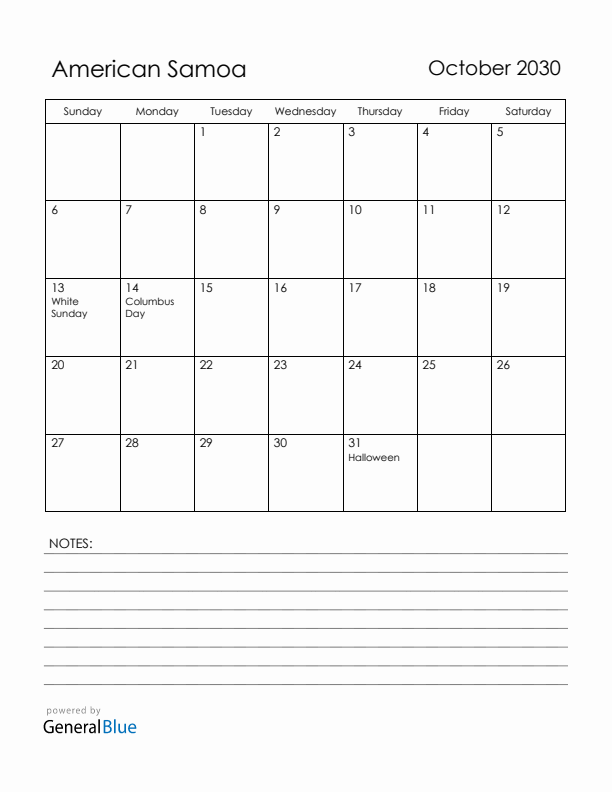 October 2030 American Samoa Calendar with Holidays (Sunday Start)