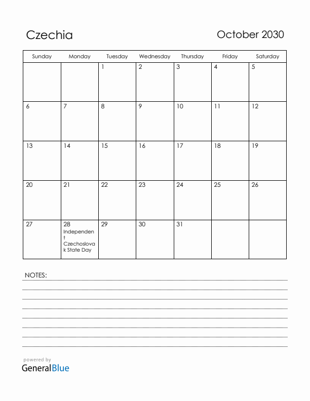 October 2030 Czechia Calendar with Holidays (Sunday Start)