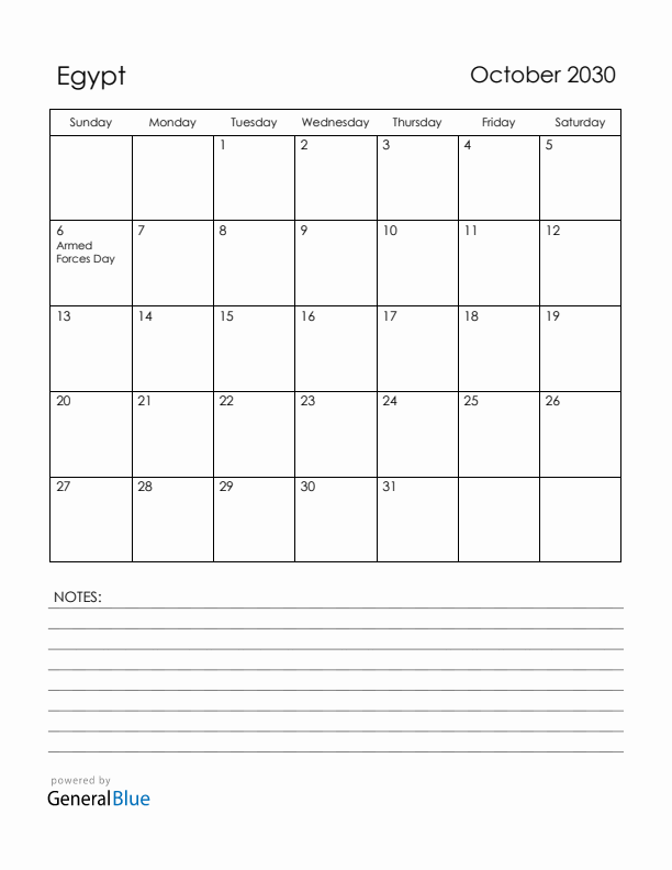 October 2030 Egypt Calendar with Holidays (Sunday Start)