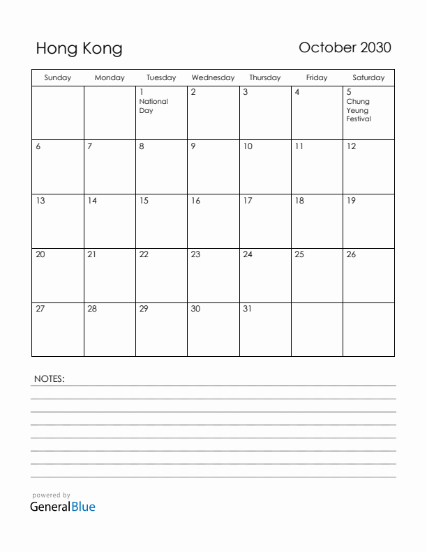 October 2030 Hong Kong Calendar with Holidays (Sunday Start)