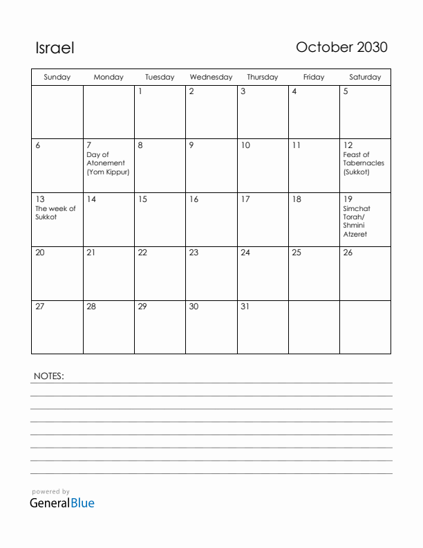 October 2030 Israel Calendar with Holidays (Sunday Start)