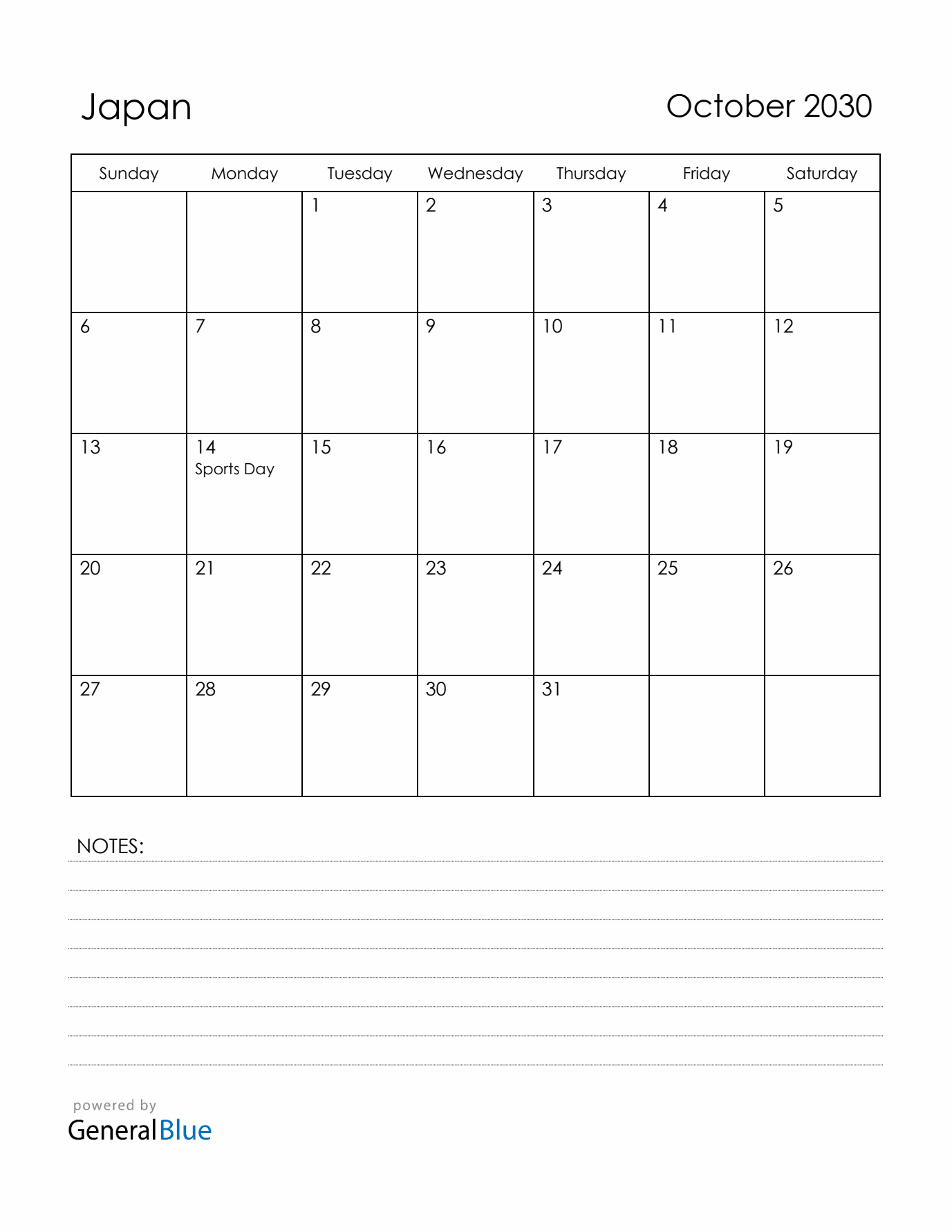 October 2030 Japan Calendar with Holidays (Sunday Start)