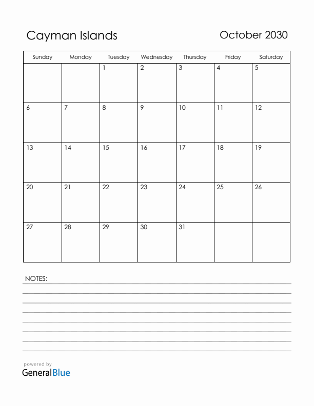 October 2030 Cayman Islands Calendar with Holidays (Sunday Start)