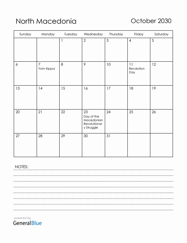October 2030 North Macedonia Calendar with Holidays (Sunday Start)