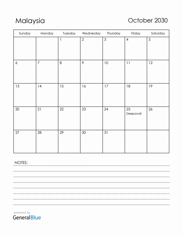 October 2030 Malaysia Calendar with Holidays (Sunday Start)