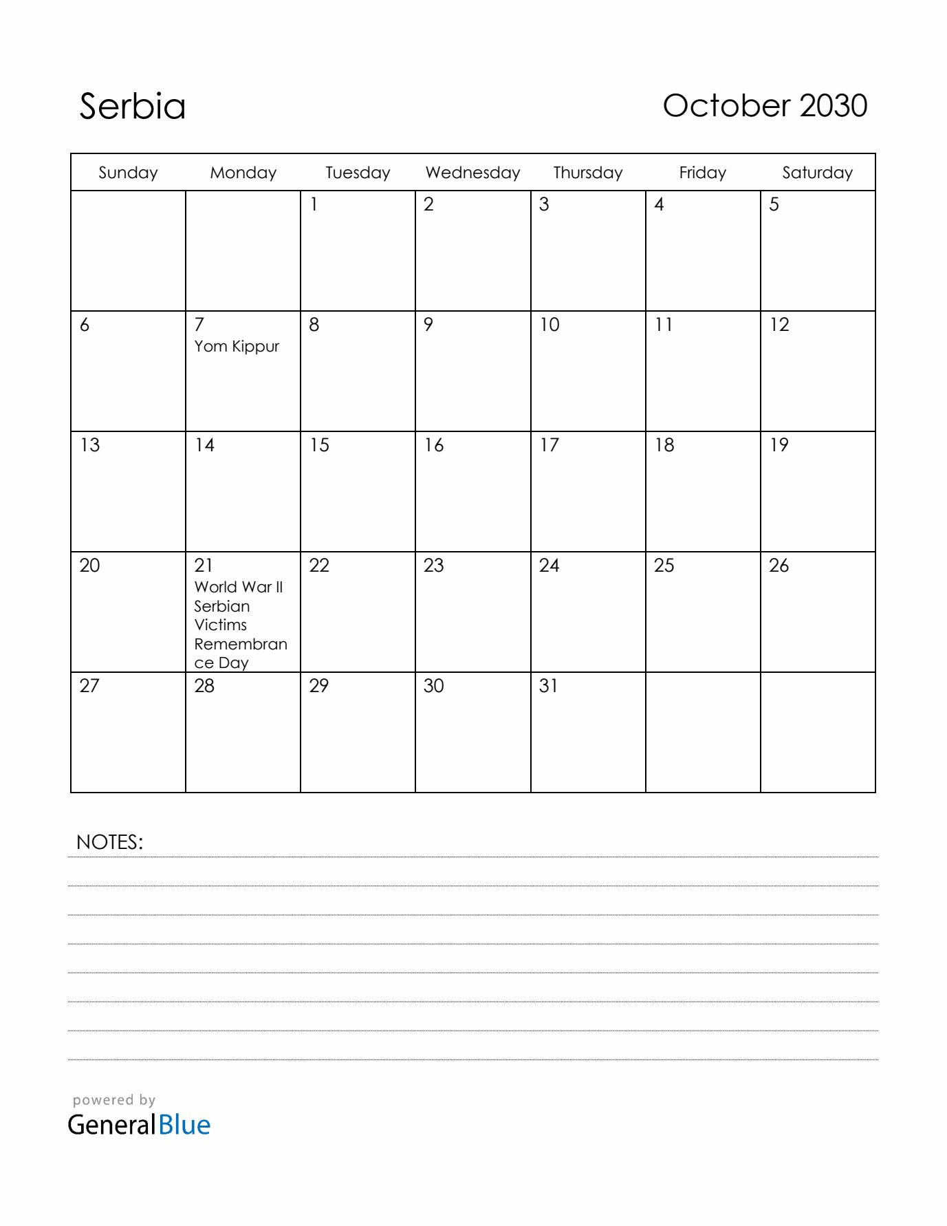 October 2030 Serbia Calendar with Holidays (Sunday Start)