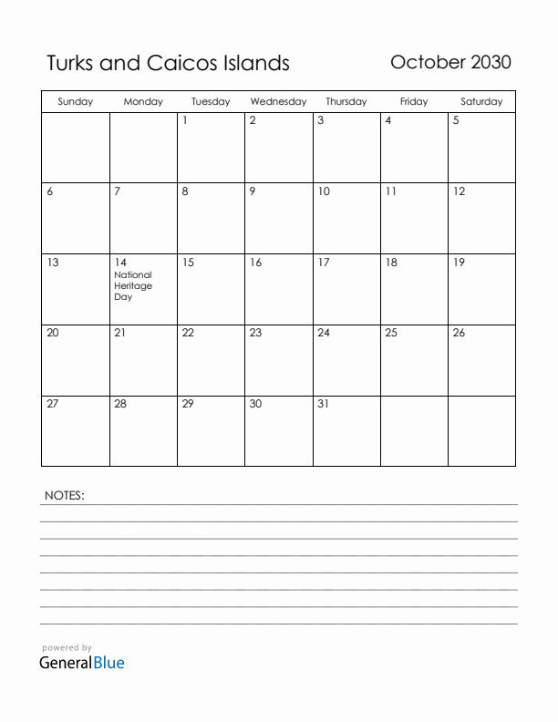 October 2030 Turks and Caicos Islands Calendar with Holidays (Sunday Start)
