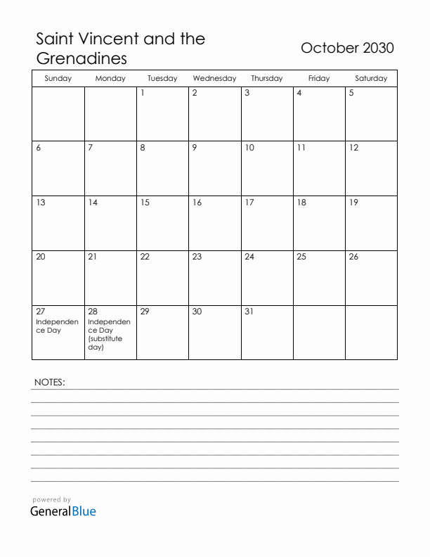 October 2030 Saint Vincent and the Grenadines Calendar with Holidays (Sunday Start)