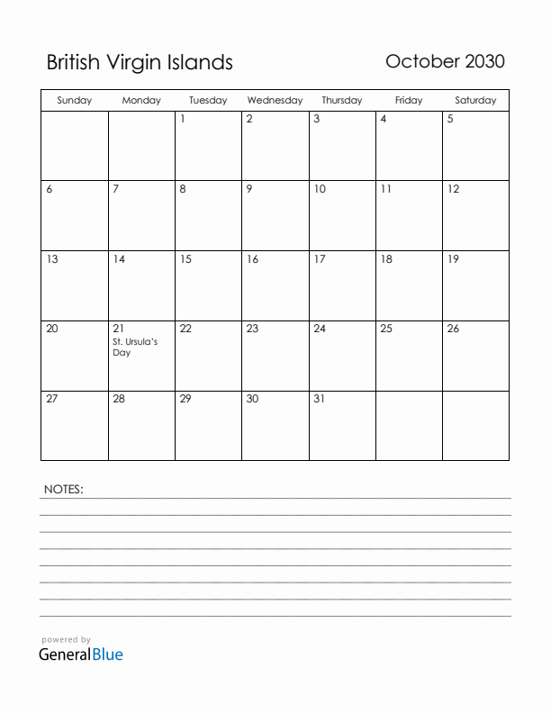 October 2030 British Virgin Islands Calendar with Holidays (Sunday Start)