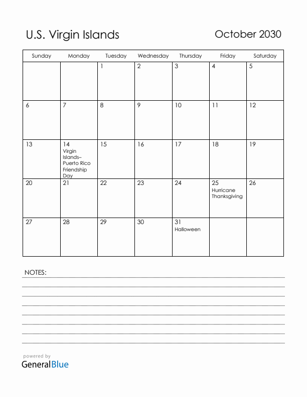 October 2030 U.S. Virgin Islands Calendar with Holidays (Sunday Start)