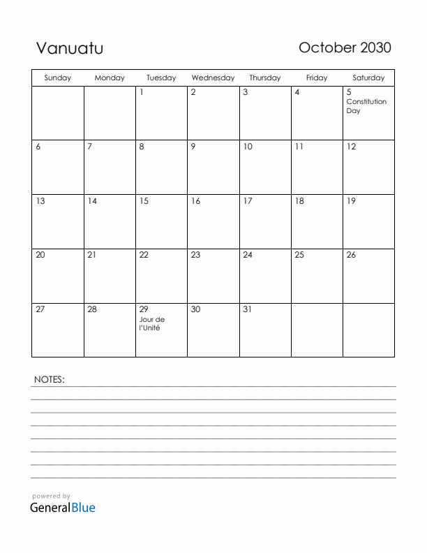 October 2030 Vanuatu Calendar with Holidays (Sunday Start)