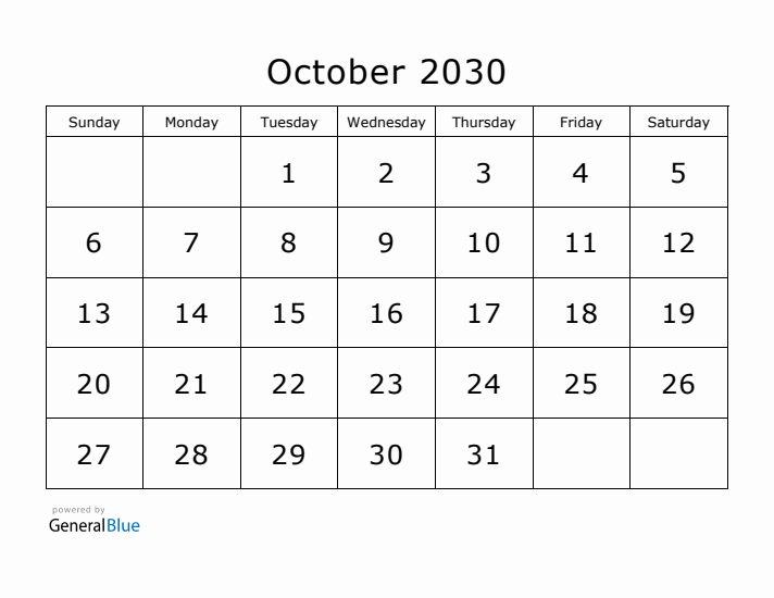 Printable October 2030 Calendar - Sunday Start