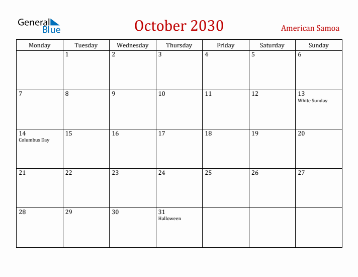 American Samoa October 2030 Calendar - Monday Start