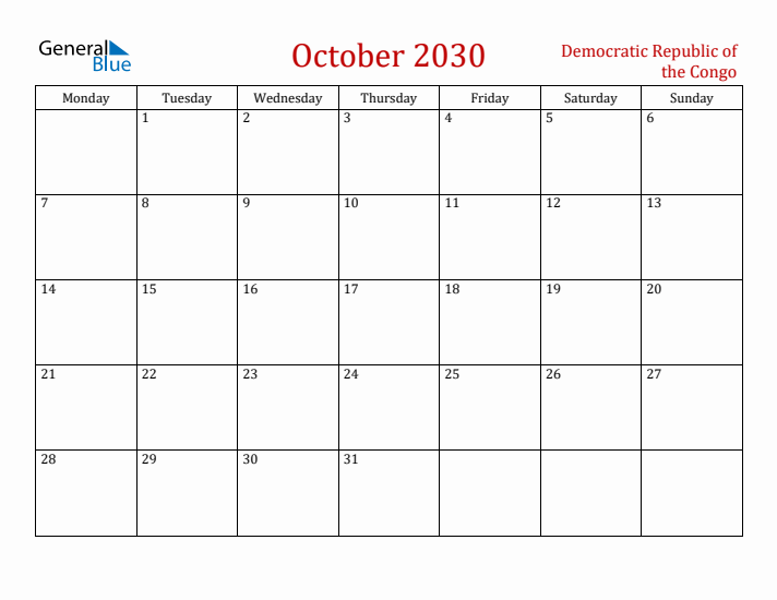 Democratic Republic of the Congo October 2030 Calendar - Monday Start