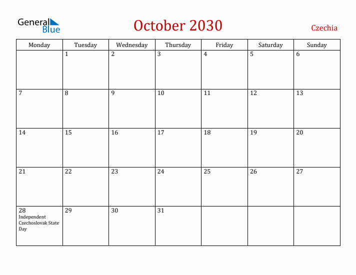 Czechia October 2030 Calendar - Monday Start