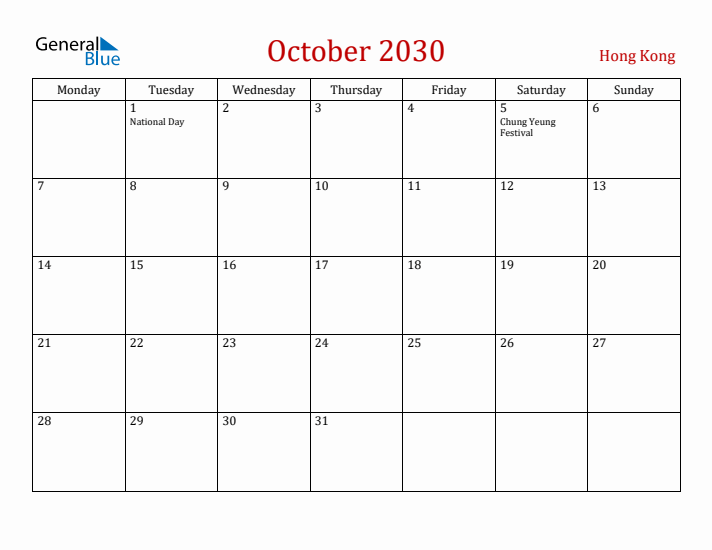 Hong Kong October 2030 Calendar - Monday Start
