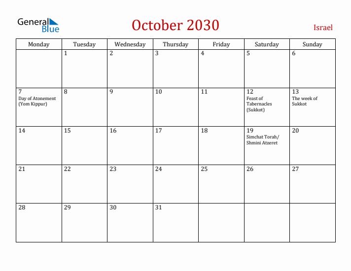 Israel October 2030 Calendar - Monday Start