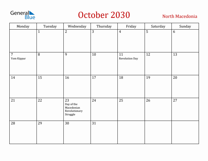 North Macedonia October 2030 Calendar - Monday Start