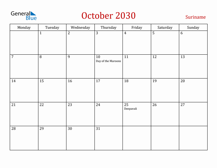 Suriname October 2030 Calendar - Monday Start