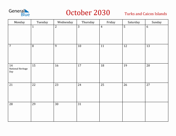 Turks and Caicos Islands October 2030 Calendar - Monday Start
