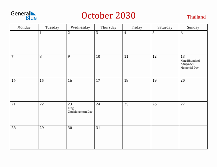 Thailand October 2030 Calendar - Monday Start