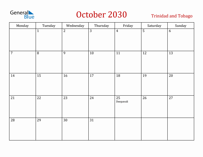 Trinidad and Tobago October 2030 Calendar - Monday Start