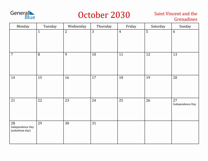 Saint Vincent and the Grenadines October 2030 Calendar - Monday Start
