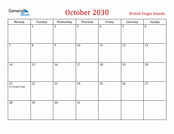 British Virgin Islands October 2030 Calendar - Monday Start