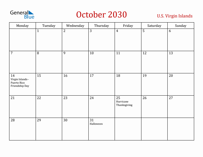 U.S. Virgin Islands October 2030 Calendar - Monday Start