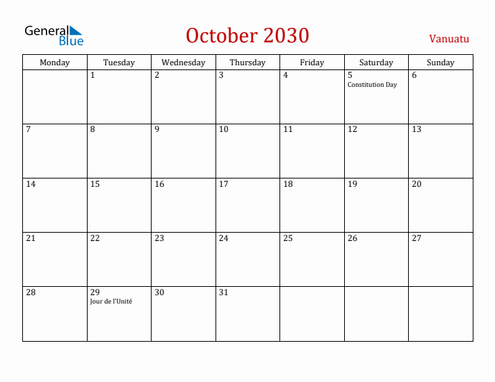 Vanuatu October 2030 Calendar - Monday Start