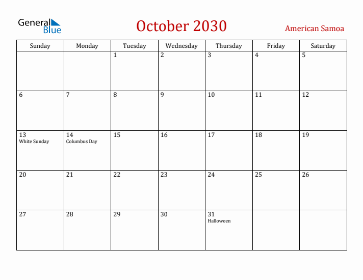 American Samoa October 2030 Calendar - Sunday Start