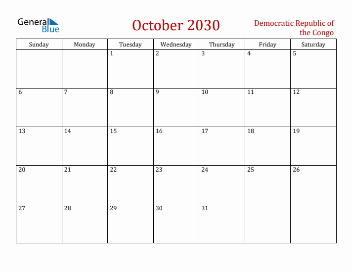 Democratic Republic of the Congo October 2030 Calendar - Sunday Start