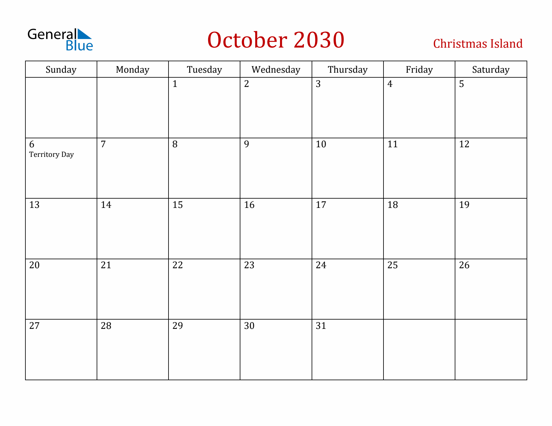 Christmas Island October 2030 Calendar - Sunday Start
