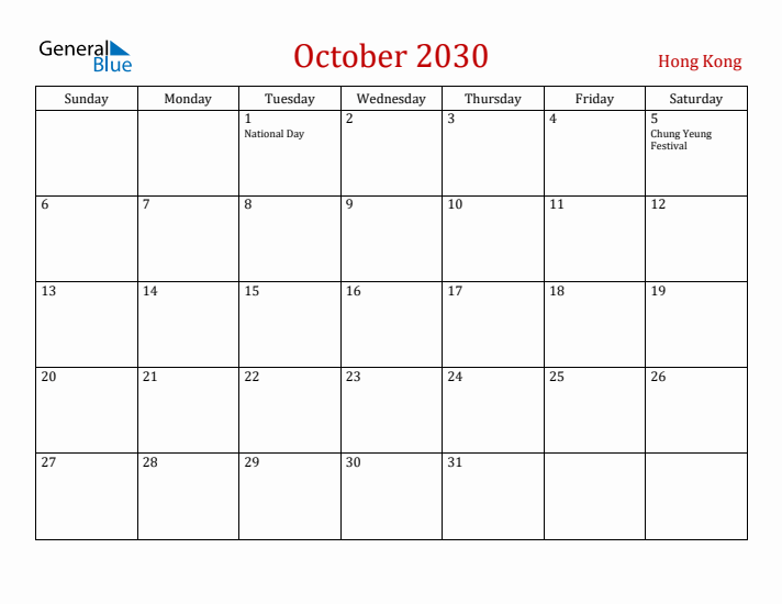 Hong Kong October 2030 Calendar - Sunday Start
