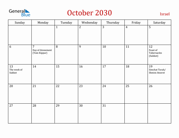 Israel October 2030 Calendar - Sunday Start