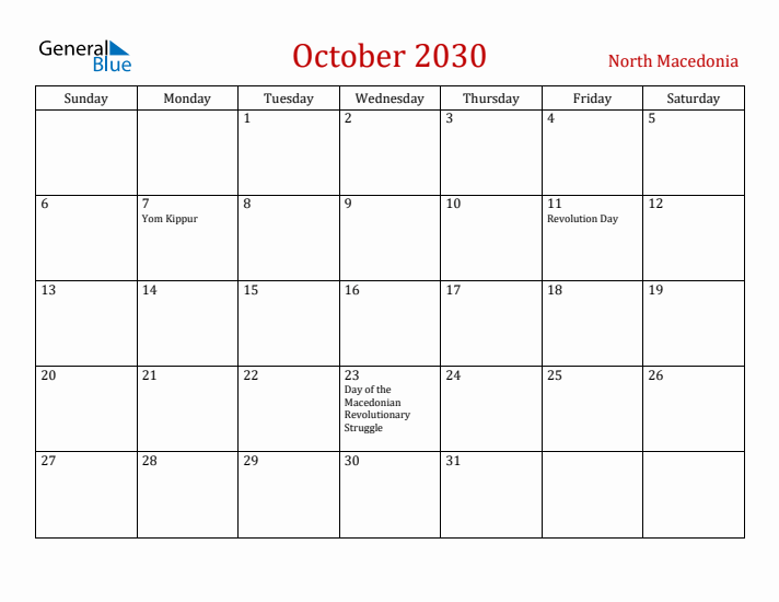 North Macedonia October 2030 Calendar - Sunday Start