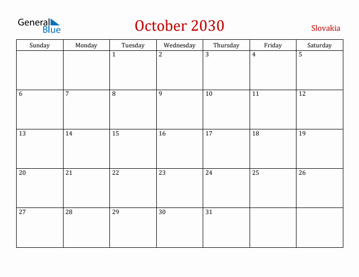 Slovakia October 2030 Calendar - Sunday Start