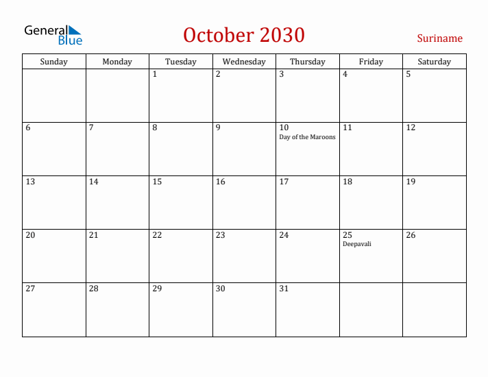 Suriname October 2030 Calendar - Sunday Start