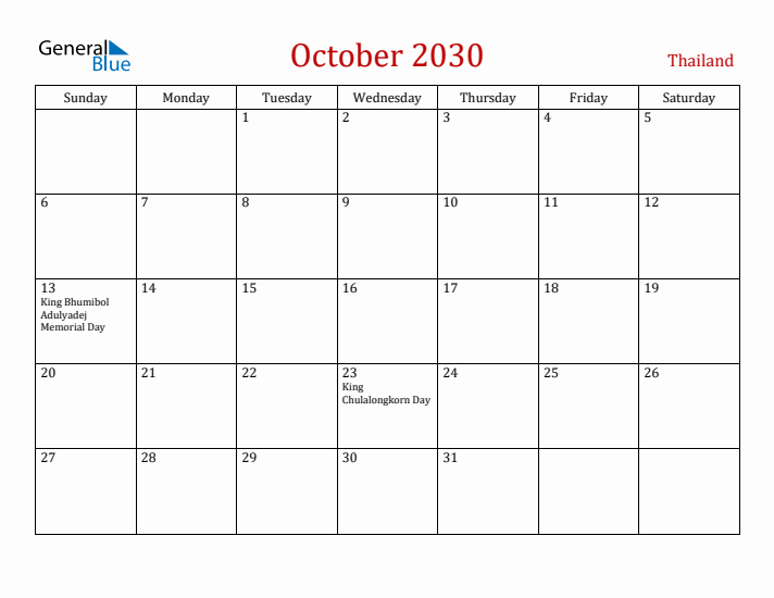 Thailand October 2030 Calendar - Sunday Start