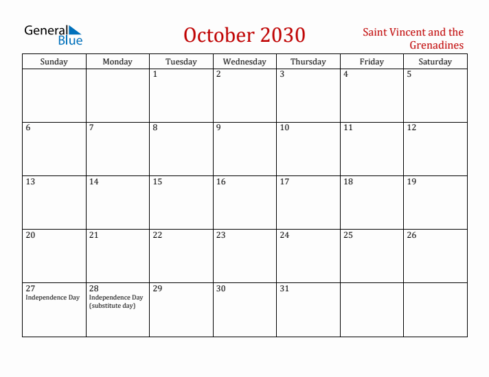 Saint Vincent and the Grenadines October 2030 Calendar - Sunday Start