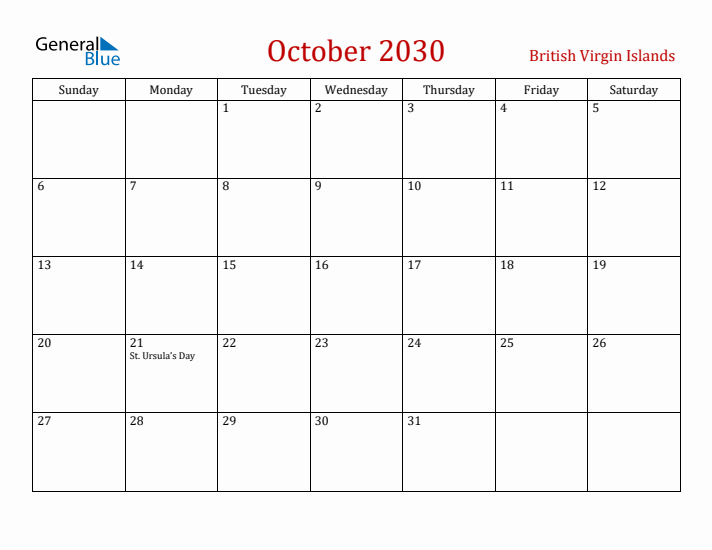 British Virgin Islands October 2030 Calendar - Sunday Start