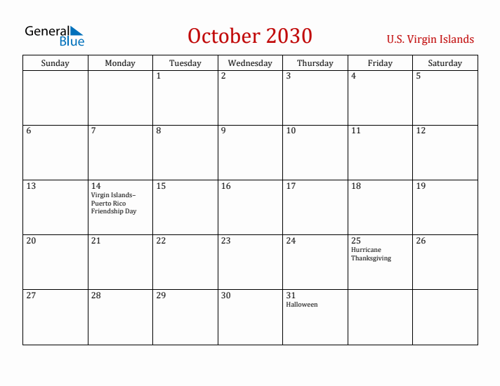 U.S. Virgin Islands October 2030 Calendar - Sunday Start