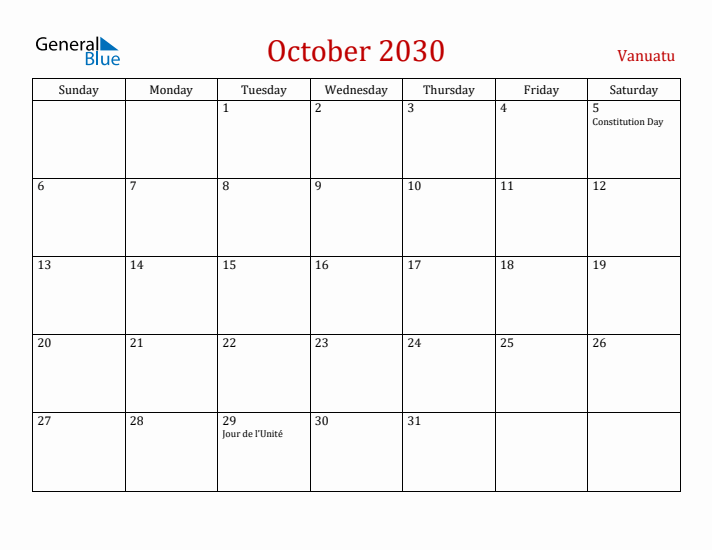 Vanuatu October 2030 Calendar - Sunday Start