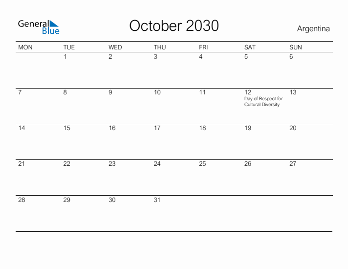 Printable October 2030 Calendar for Argentina