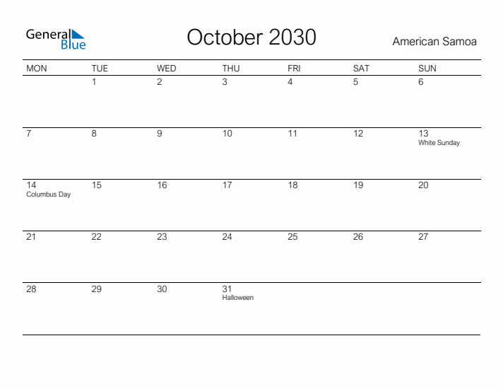 Printable October 2030 Calendar for American Samoa