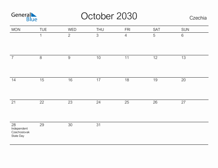 Printable October 2030 Calendar for Czechia