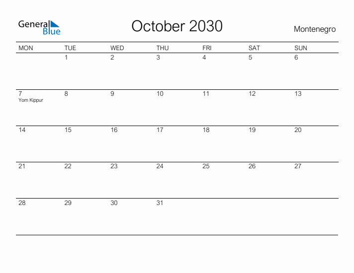 Printable October 2030 Calendar for Montenegro